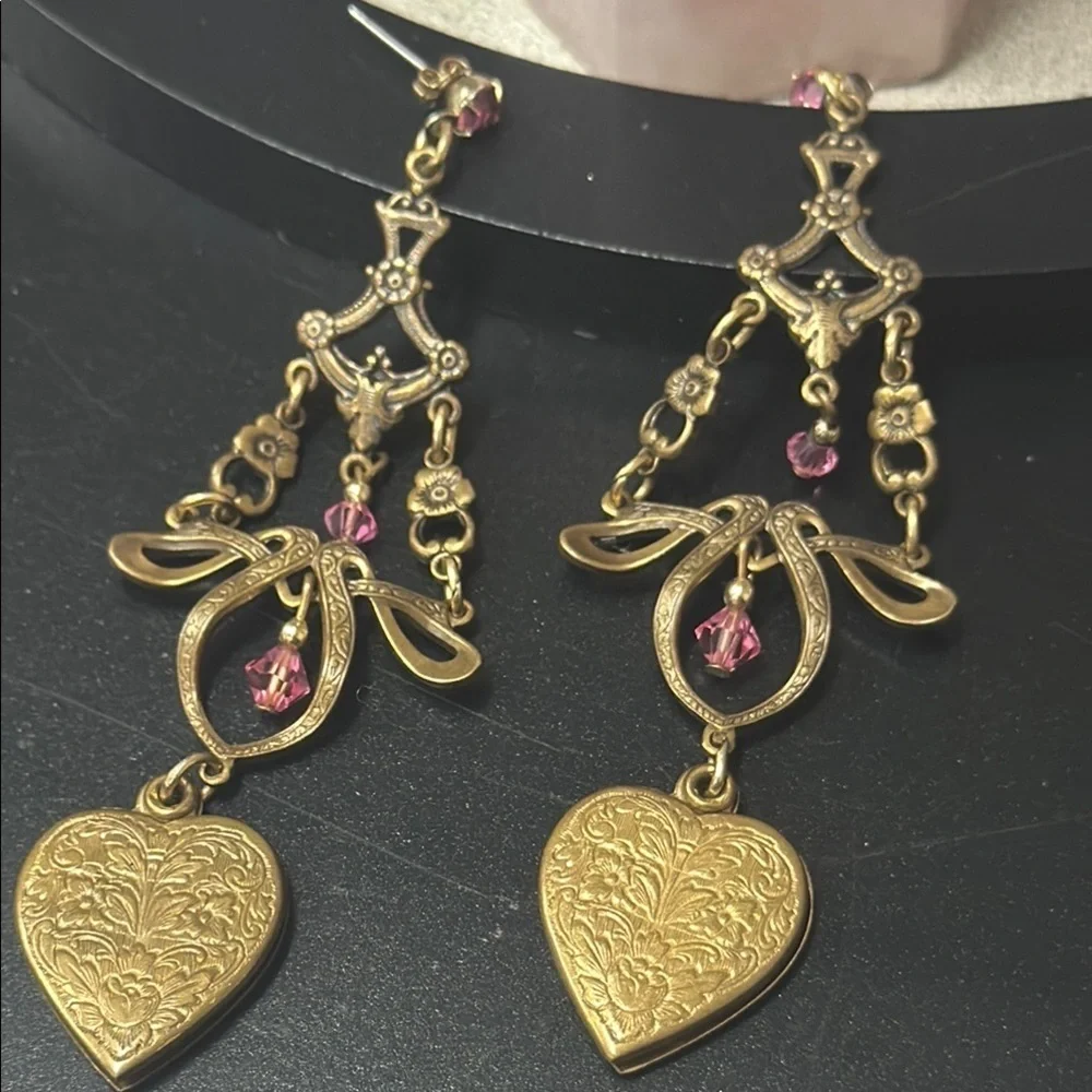 Vintage. Heart. Dangle Gold and Pink Heart Drop Earrings
